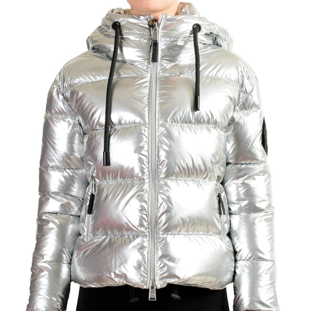 Plein Sport Women's Silver Hooded Logo Print Zip Up Parka Jacket